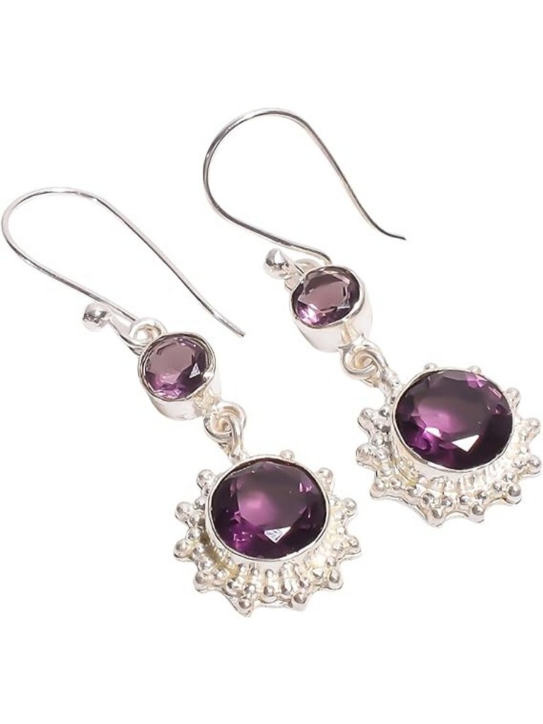 Amethyst Ethnic Style Round Cut Gemstone 925 Silver Earrings